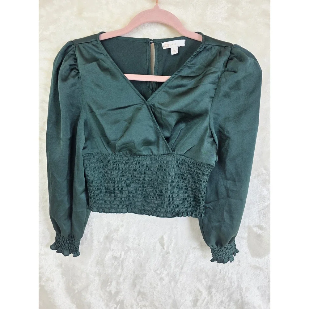 GB Girls Dark Green Satin Smocked Waist Long Sleeve Blouse Top Large GG2052DCS1
